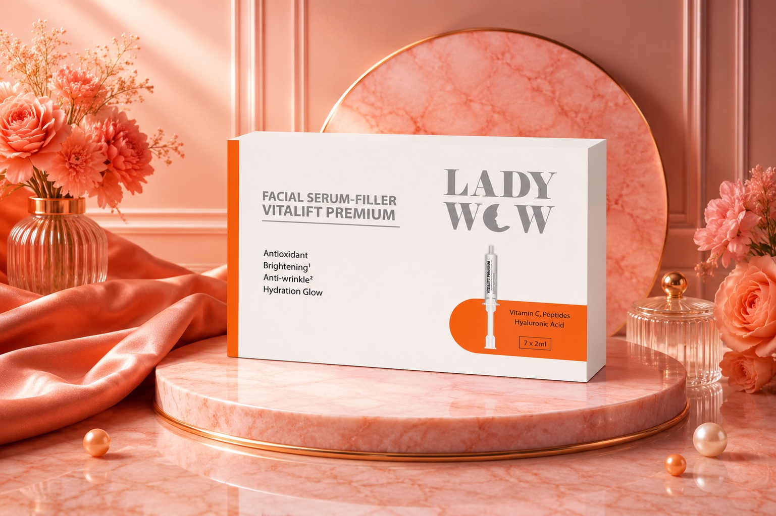 Serum-Filler Vitalift Premium LADY WOW trên nền trang trí spa